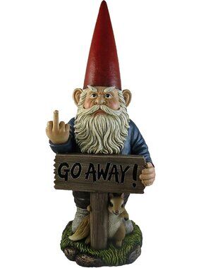 Whimsical Garden Gnome Statue 17.5" with Go Away Sign & One-Finger Salute Decor